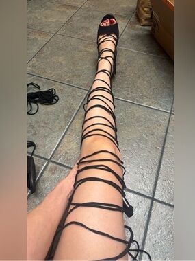 Black Lace-Up Gladiator Stiletto Sandals US 8